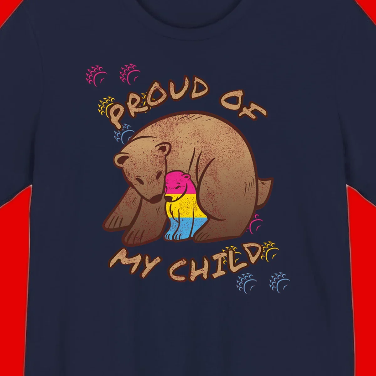 Large bear proudly hugging a smaller bear cub wearing a pride flag shirt, with text reading 'Proud As My Child'