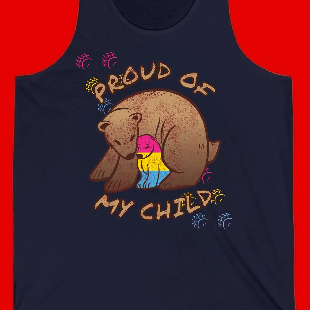 Large bear proudly hugging a smaller bear cub wearing a pride flag shirt, with text reading 'Proud As My Child'