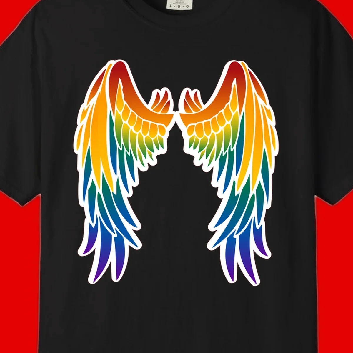 Symmetrical rainbow pride wings with feathered details in red, orange, yellow, green, teal, blue, and purple colors