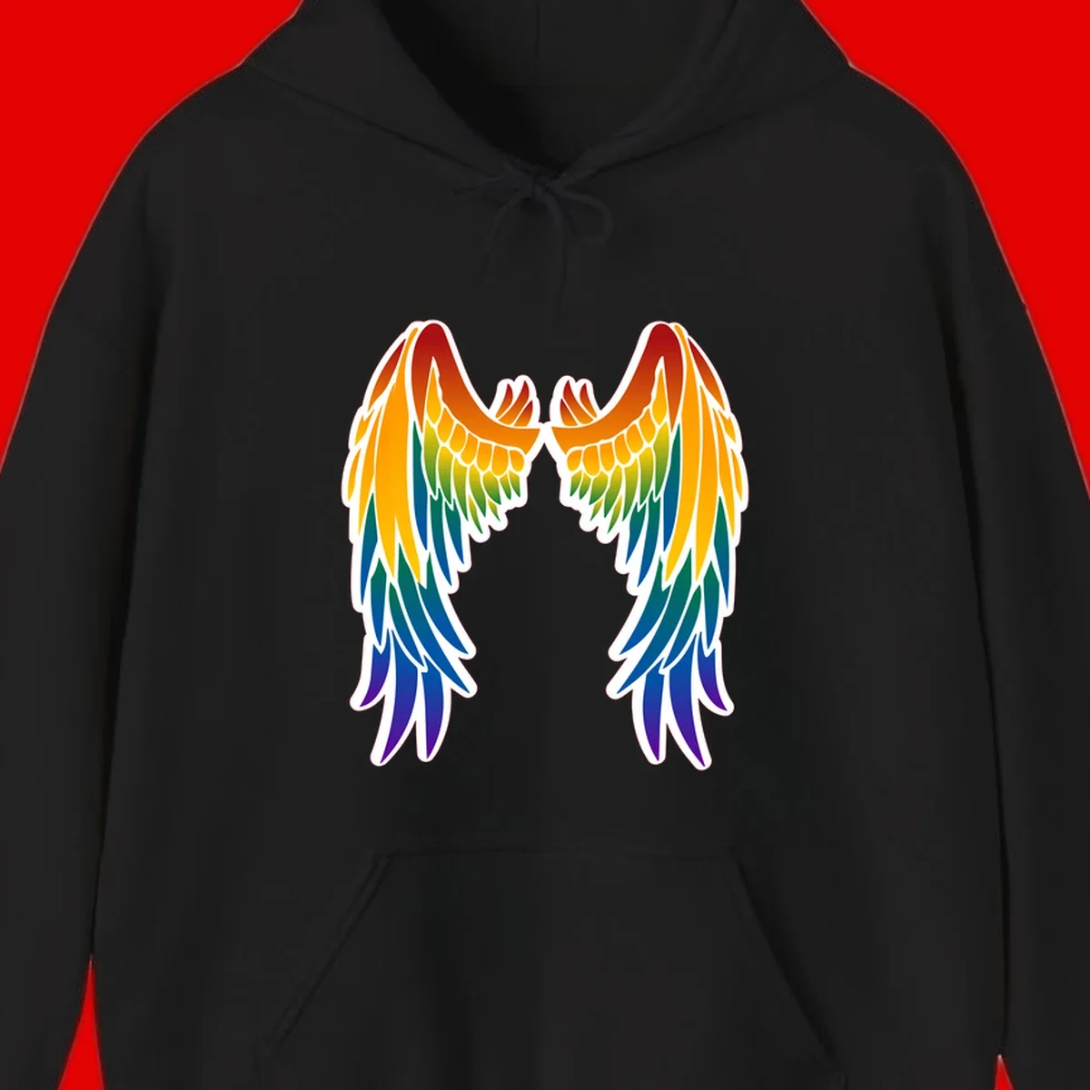 Symmetrical rainbow pride wings with feathered details in red, orange, yellow, green, teal, blue, and purple colors