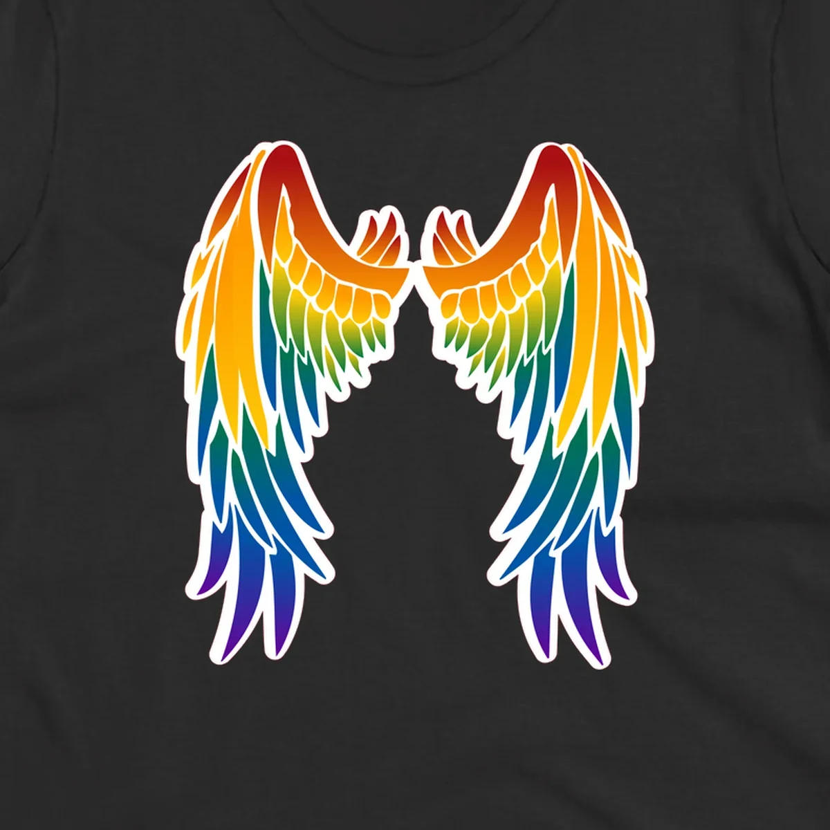 Symmetrical rainbow pride wings with feathered details in red, orange, yellow, green, teal, blue, and purple colors