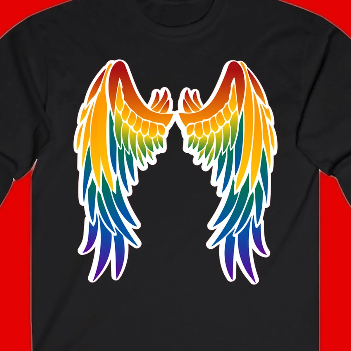 Symmetrical rainbow pride wings with feathered details in red, orange, yellow, green, teal, blue, and purple colors