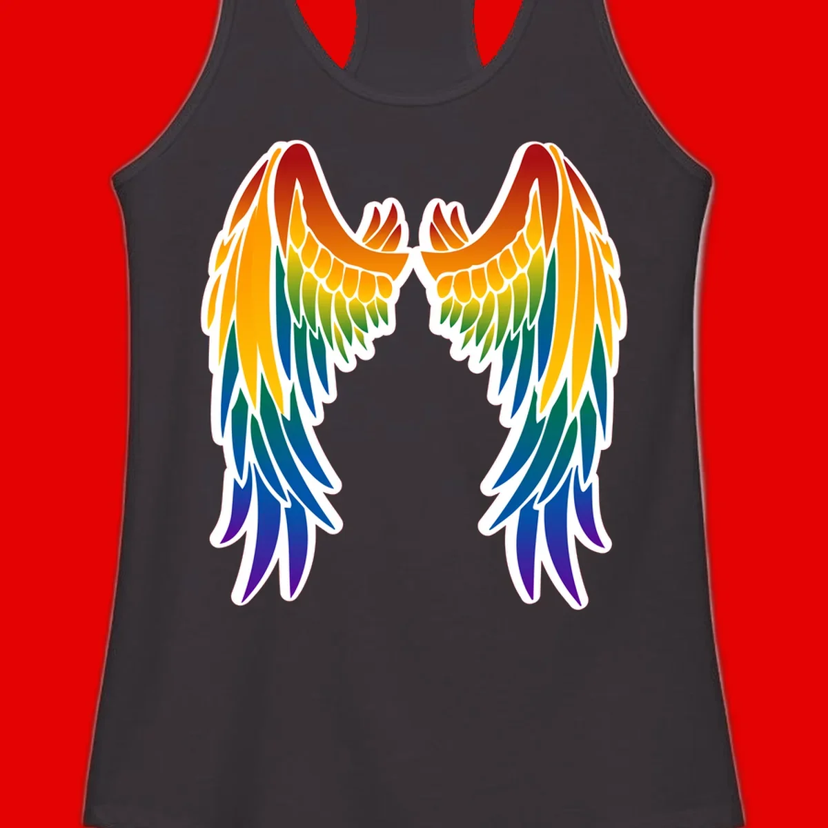 Symmetrical rainbow pride wings with feathered details in red, orange, yellow, green, teal, blue, and purple colors