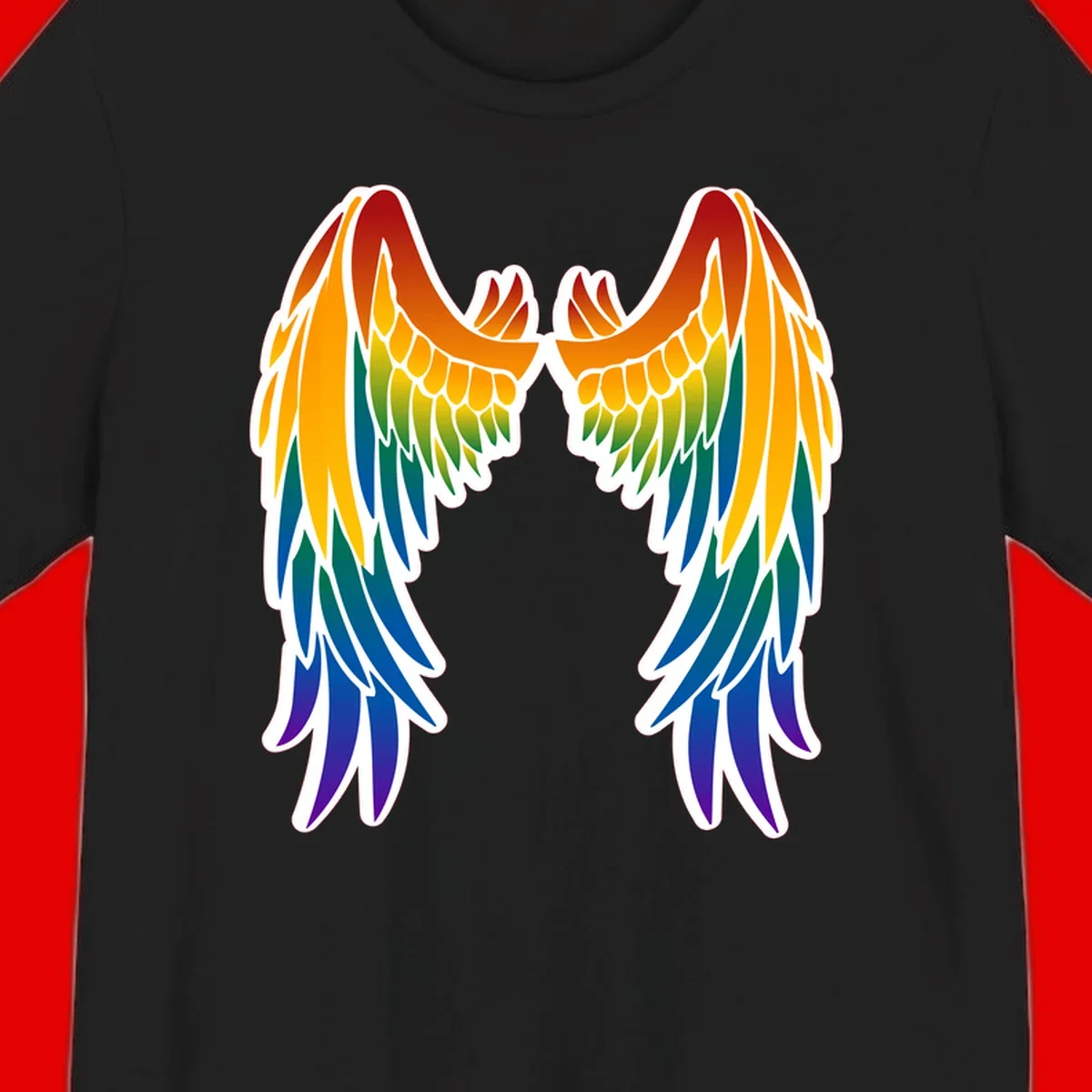 Symmetrical rainbow pride wings with feathered details in red, orange, yellow, green, teal, blue, and purple colors