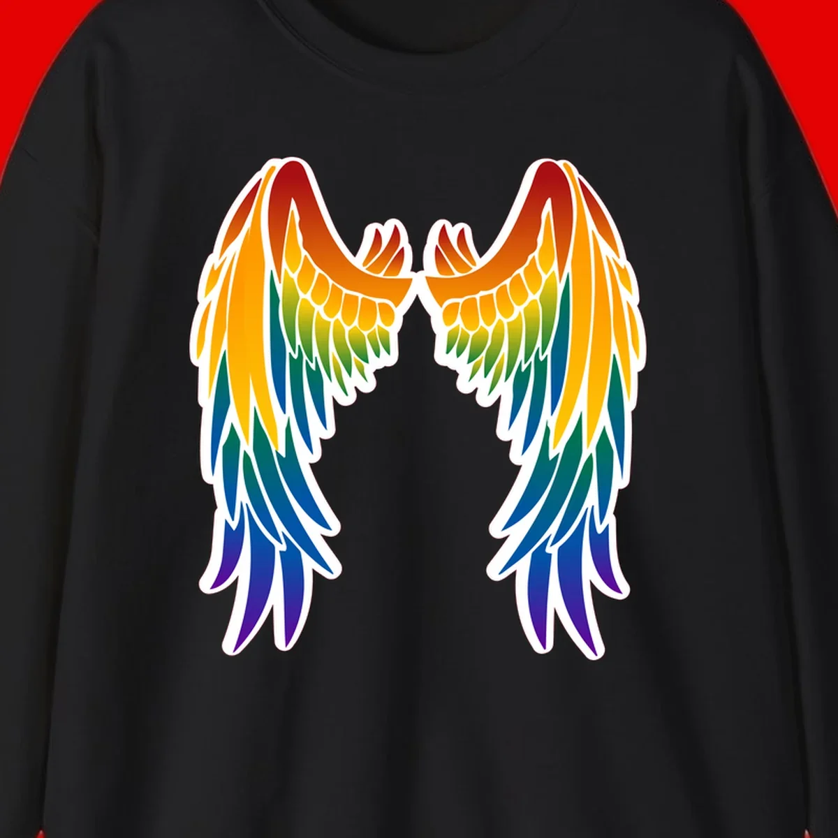 Symmetrical rainbow pride wings with feathered details in red, orange, yellow, green, teal, blue, and purple colors