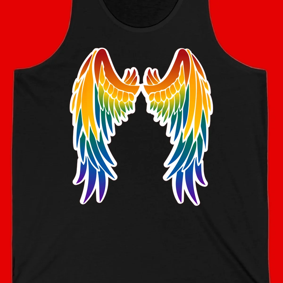 Symmetrical rainbow pride wings with feathered details in red, orange, yellow, green, teal, blue, and purple colors