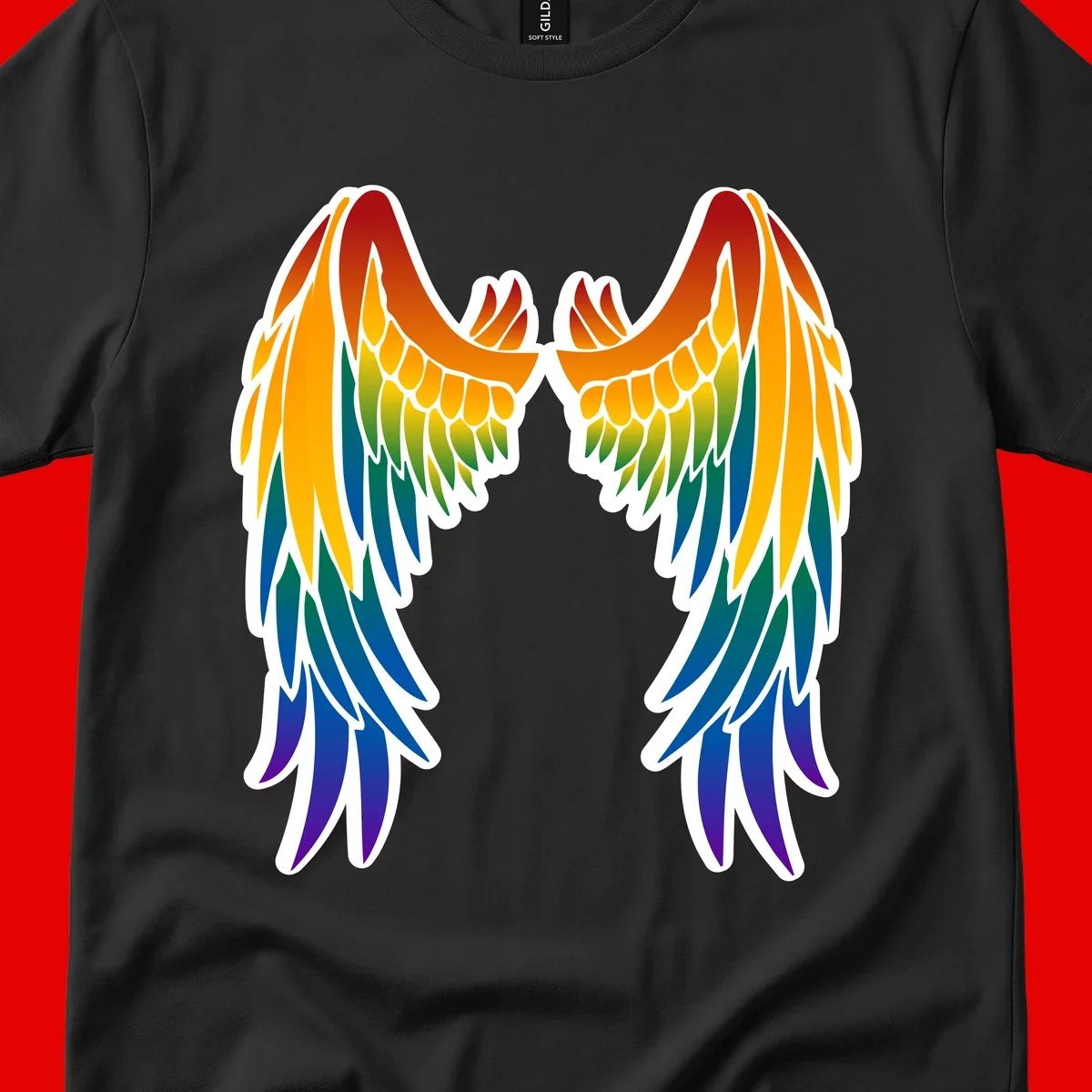 Symmetrical rainbow pride wings with feathered details in red, orange, yellow, green, teal, blue, and purple colors