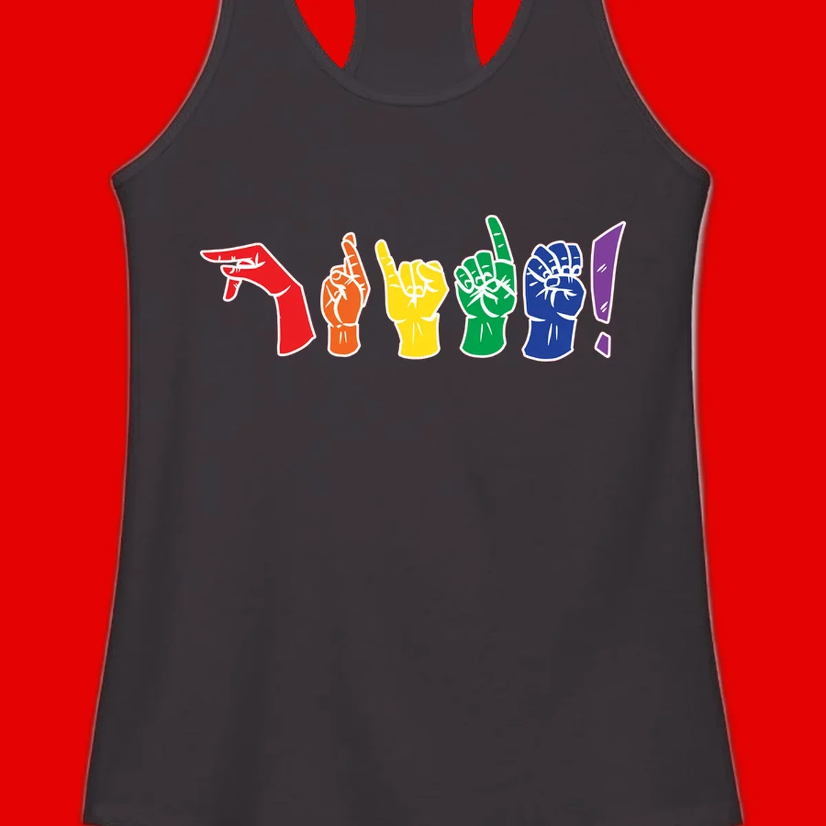Six colorful raised fists in rainbow pride colors displaying various hand gestures symbolizing unity and solidarity