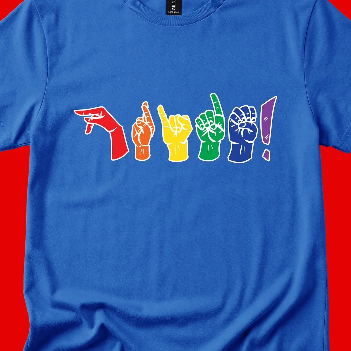 Six colorful raised fists in rainbow pride colors displaying various hand gestures symbolizing unity and solidarity