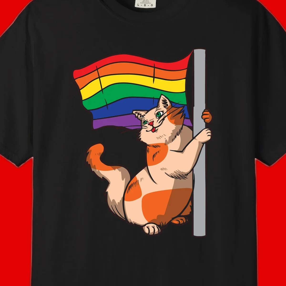 Cartoon cat holding rainbow pride flag with celebratory expression and playful pose