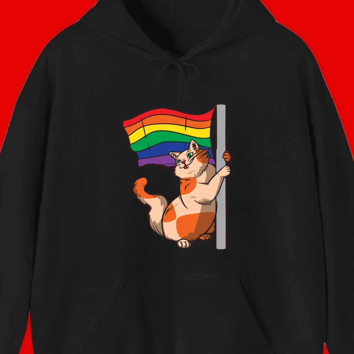Cartoon cat holding rainbow pride flag with celebratory expression and playful pose