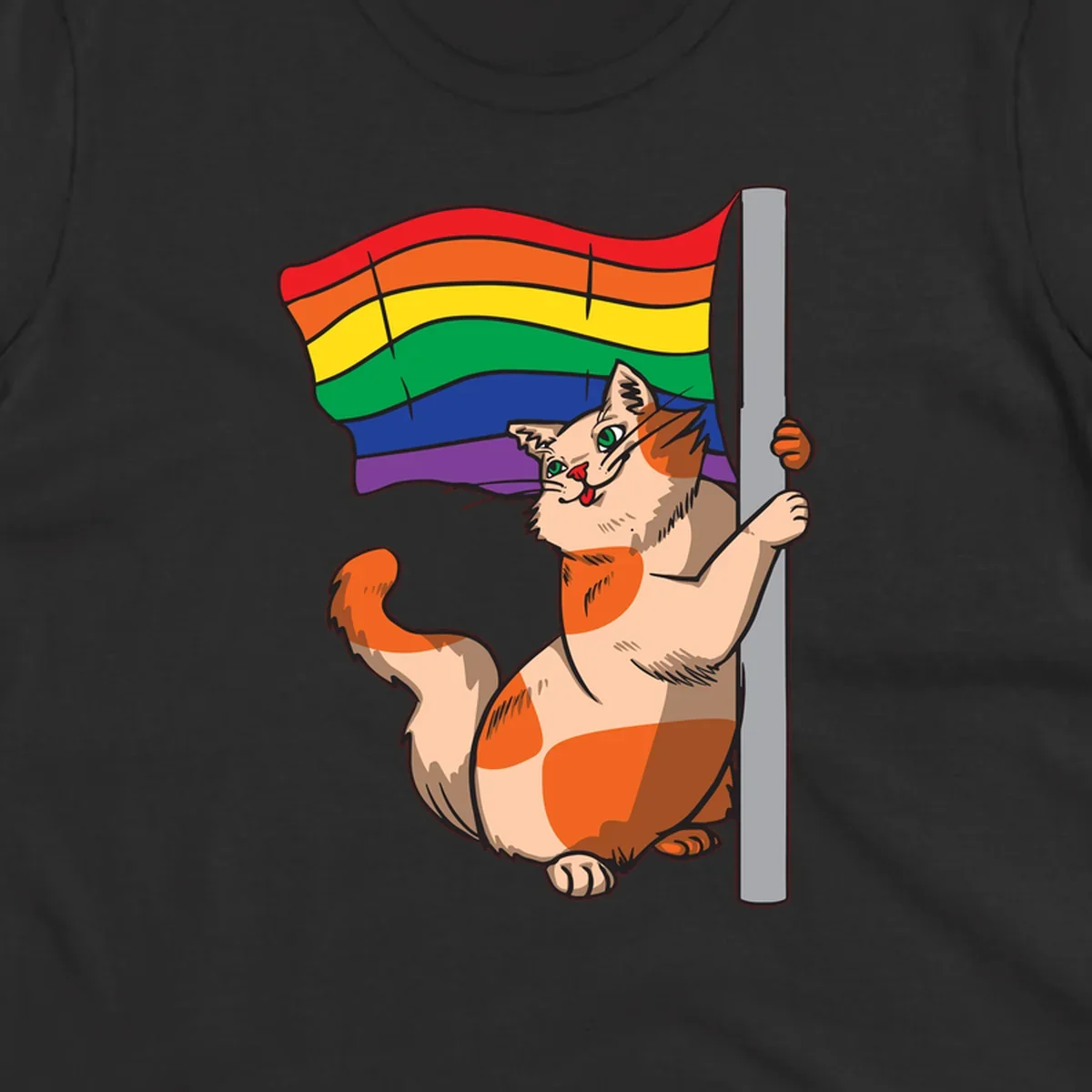 Cartoon cat holding rainbow pride flag with celebratory expression and playful pose