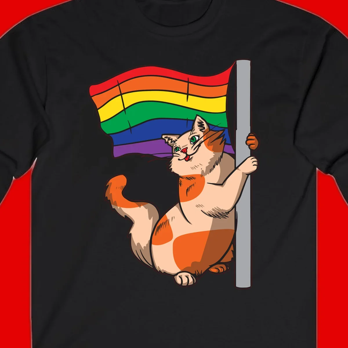 Cartoon cat holding rainbow pride flag with celebratory expression and playful pose