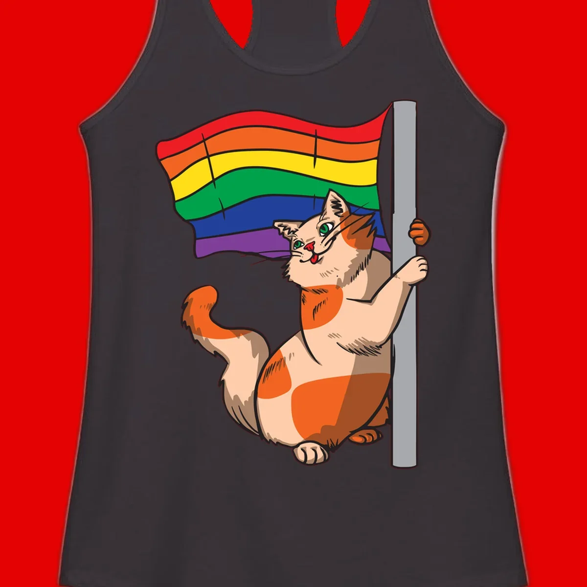Cartoon cat holding rainbow pride flag with celebratory expression and playful pose