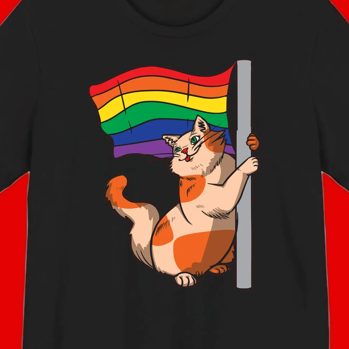 Cartoon cat holding rainbow pride flag with celebratory expression and playful pose