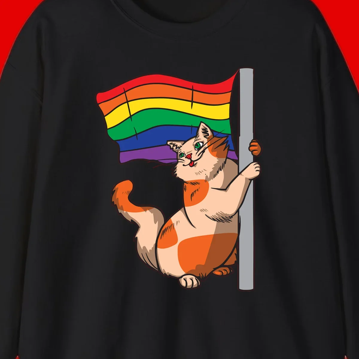 Cartoon cat holding rainbow pride flag with celebratory expression and playful pose