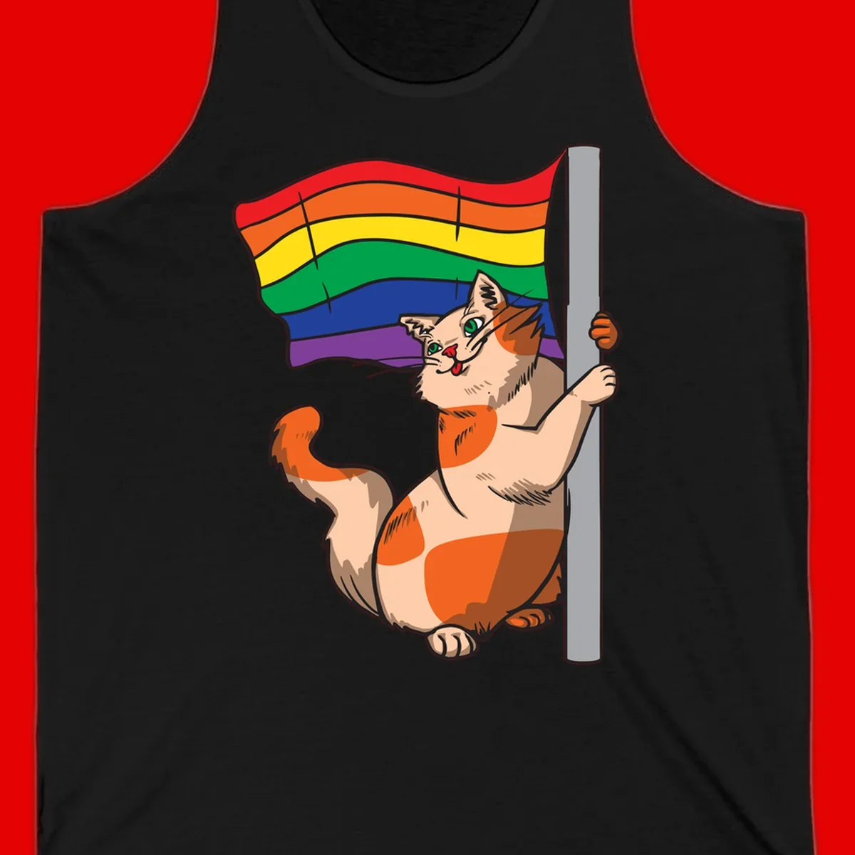 Cartoon cat holding rainbow pride flag with celebratory expression and playful pose