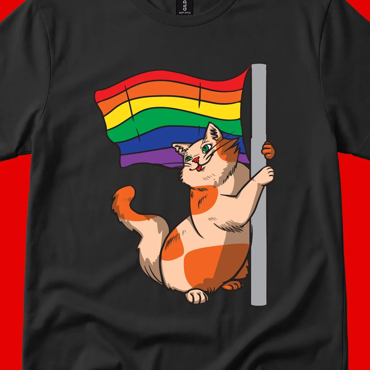 Cartoon cat holding rainbow pride flag with celebratory expression and playful pose
