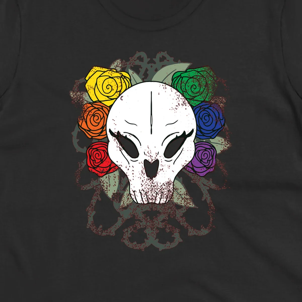 White skull with rainbow colored roses in yellow, orange, red, blue, green, and purple surrounding it on gray background
