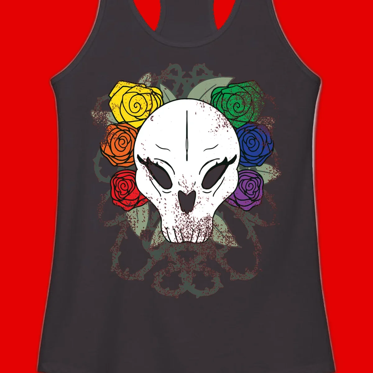 White skull with rainbow colored roses in yellow, orange, red, blue, green, and purple surrounding it on gray background