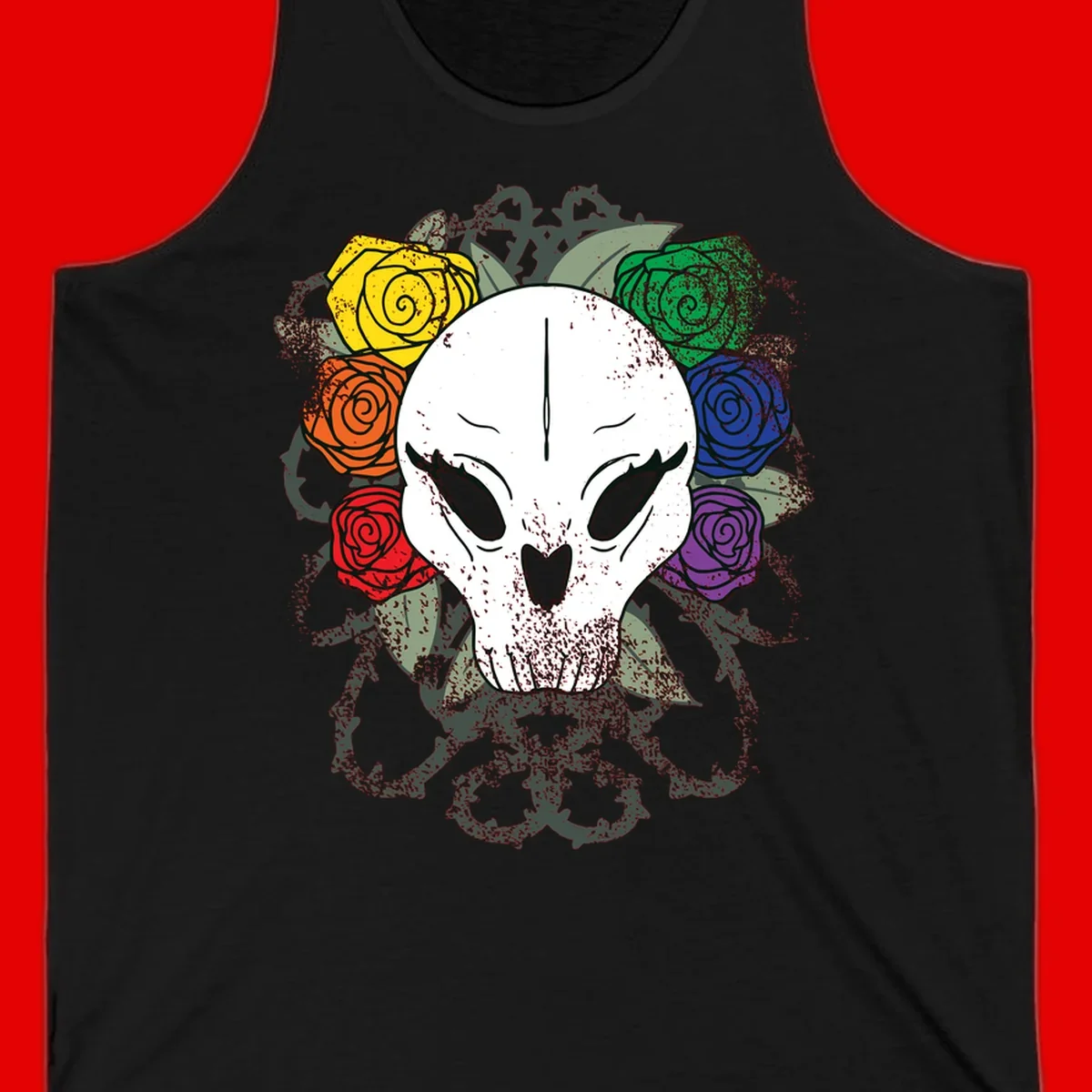White skull with rainbow colored roses in yellow, orange, red, blue, green, and purple surrounding it on gray background