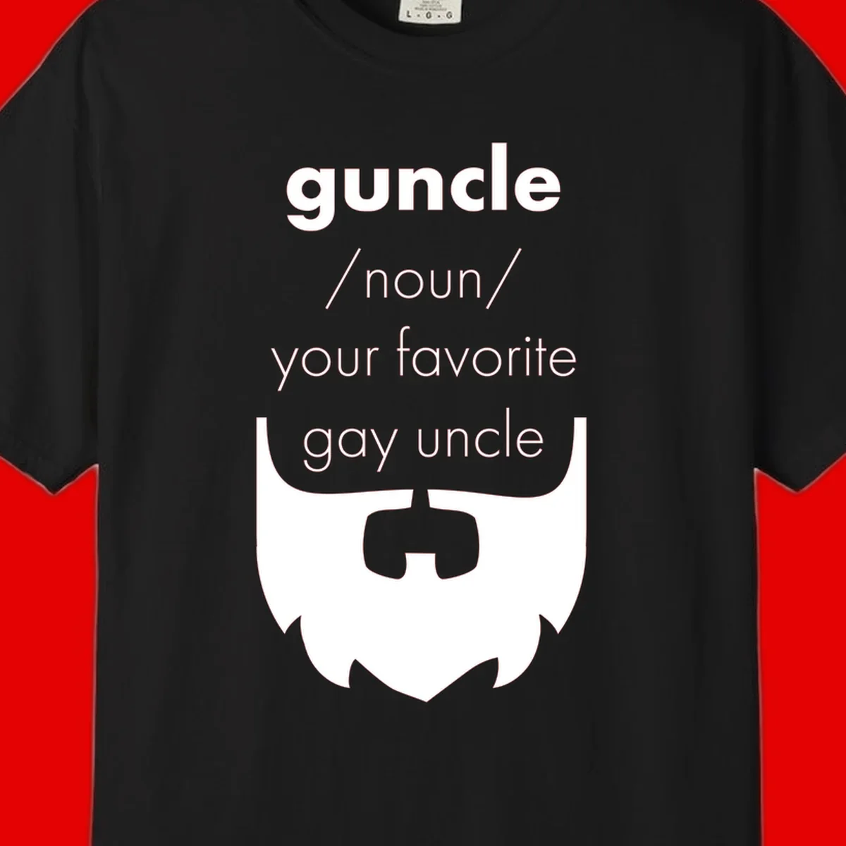 Guncle definition design: white bearded shield badge on gray background with text defining guncle as your favorite gay uncle