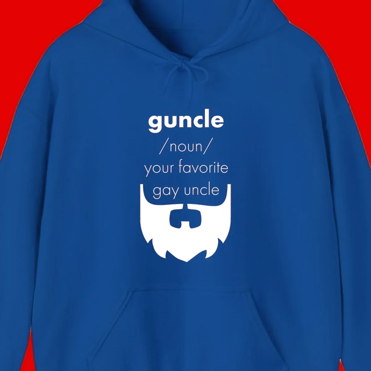 Guncle definition design: white bearded shield badge on gray background with text defining guncle as your favorite gay uncle