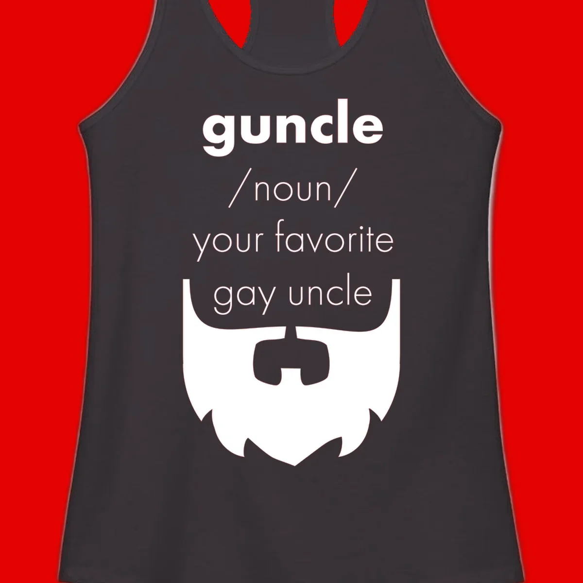 Guncle definition design: white bearded shield badge on gray background with text defining guncle as your favorite gay uncle