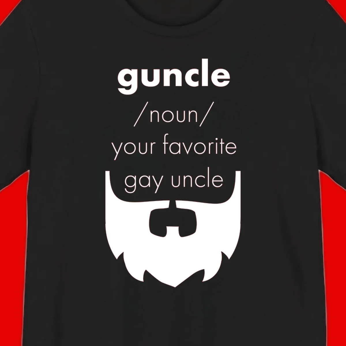 Guncle definition design: white bearded shield badge on gray background with text defining guncle as your favorite gay uncle