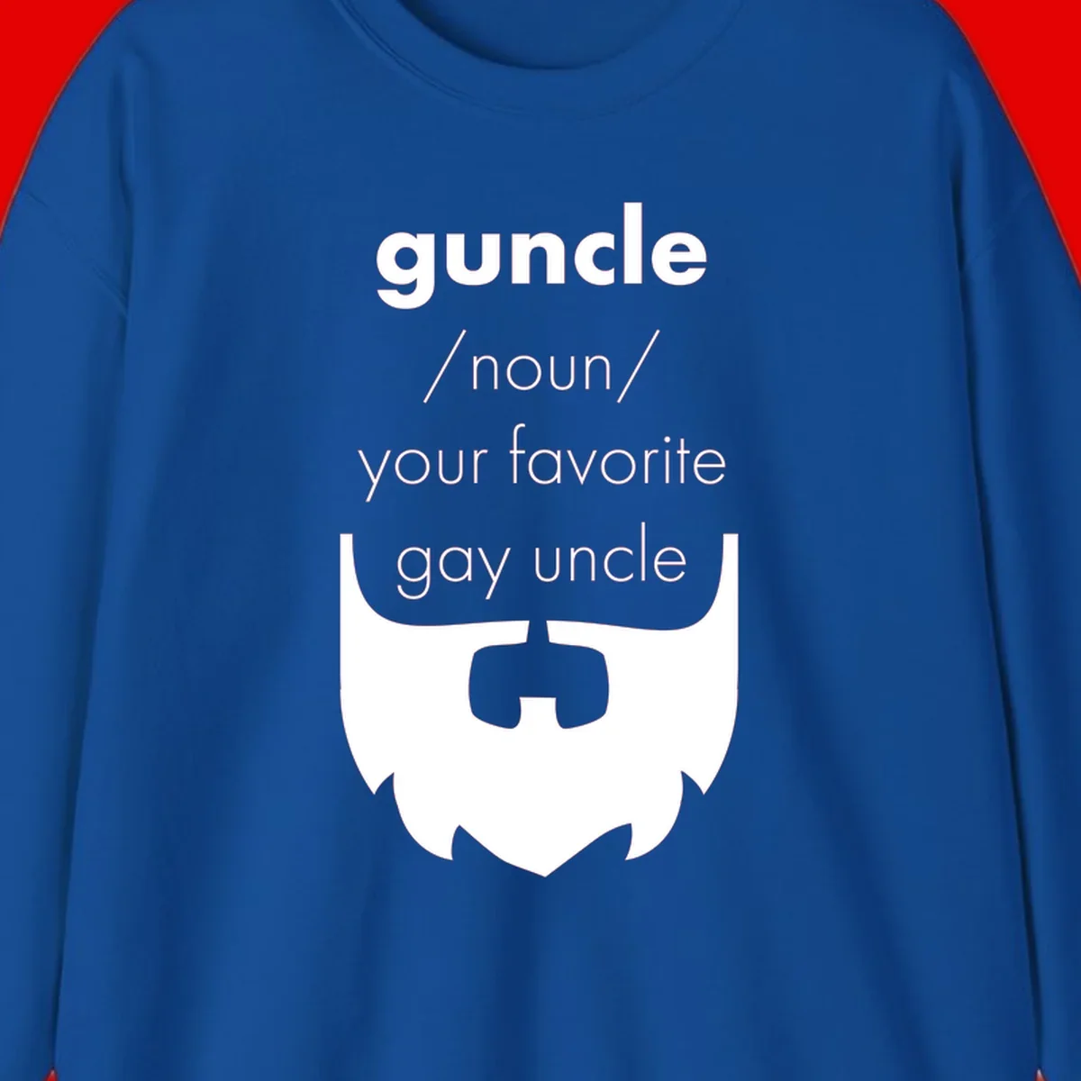 Guncle definition design: white bearded shield badge on gray background with text defining guncle as your favorite gay uncle