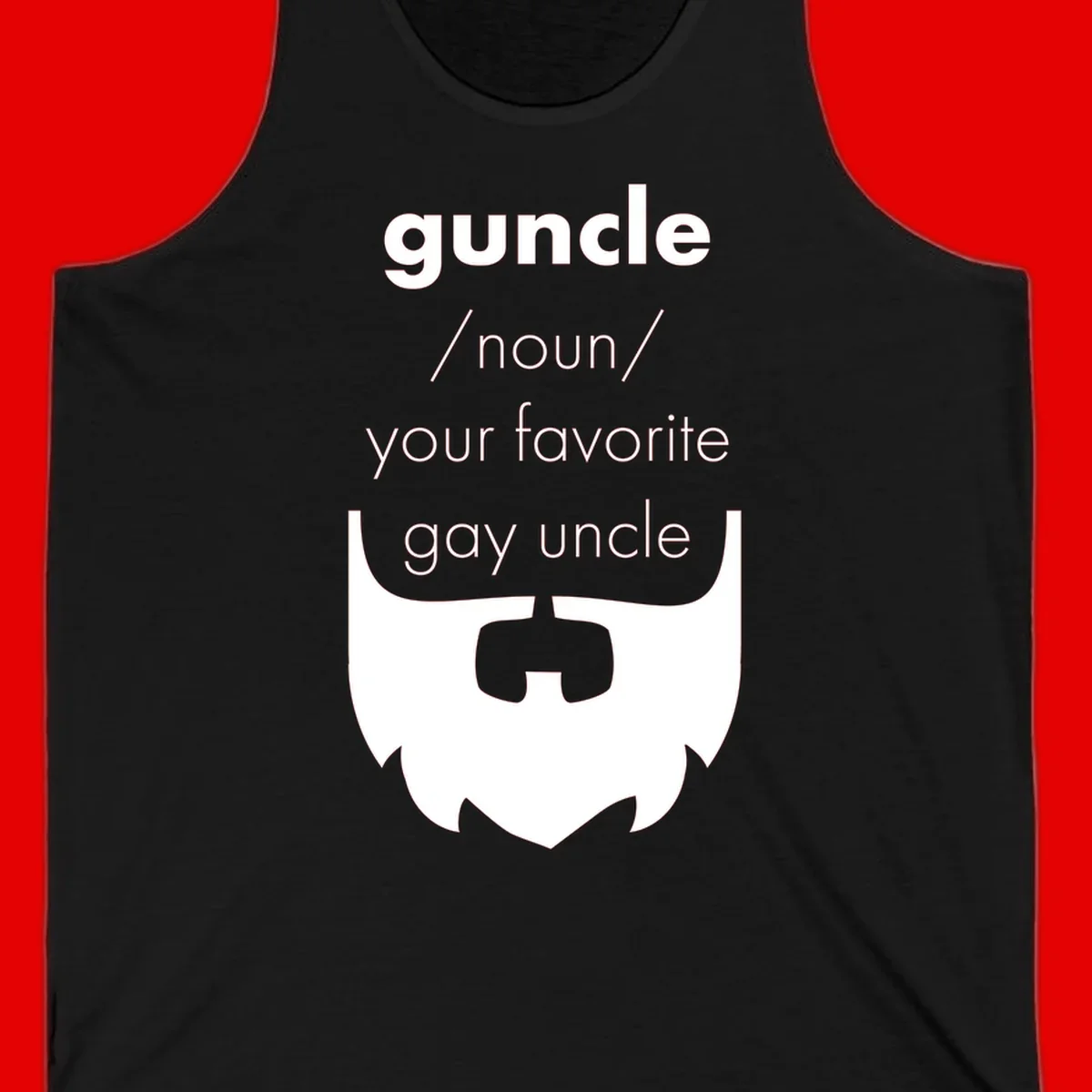 Guncle definition design: white bearded shield badge on gray background with text defining guncle as your favorite gay uncle