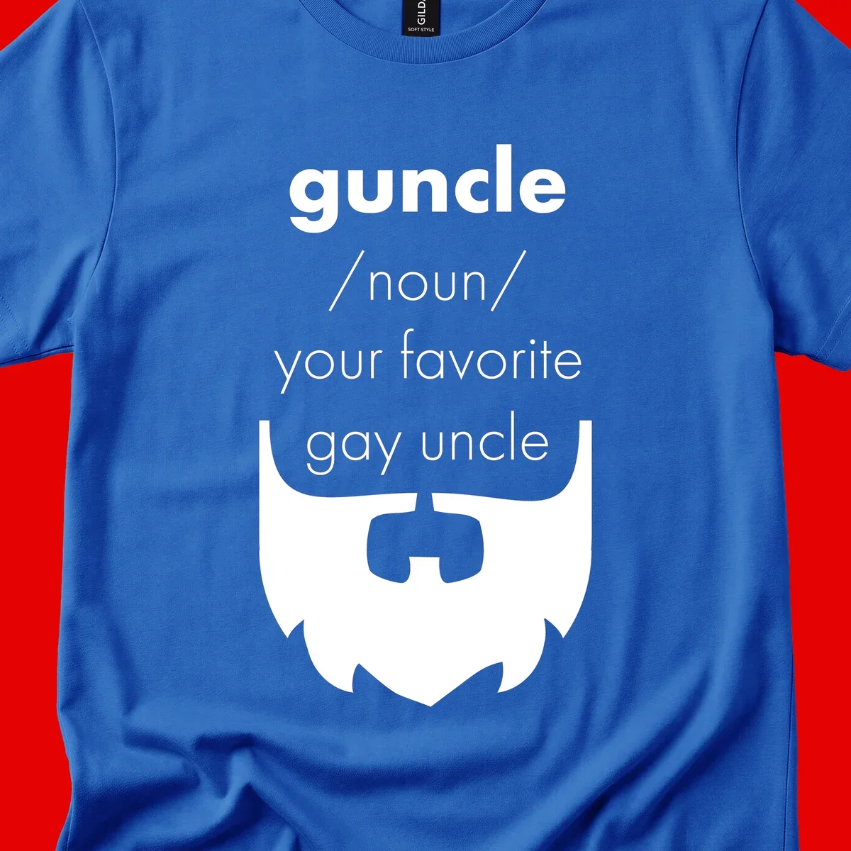Guncle definition design: white bearded shield badge on gray background with text defining guncle as your favorite gay uncle