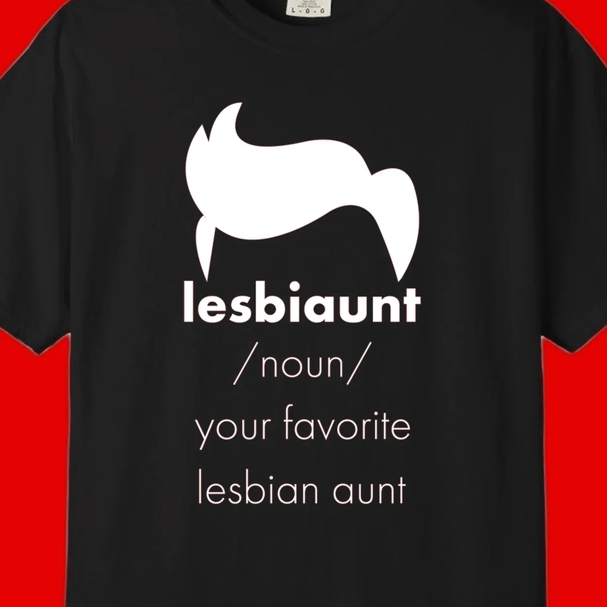 Lesbiaunt design featuring stylized hair silhouette with definition text celebrating lesbian aunts