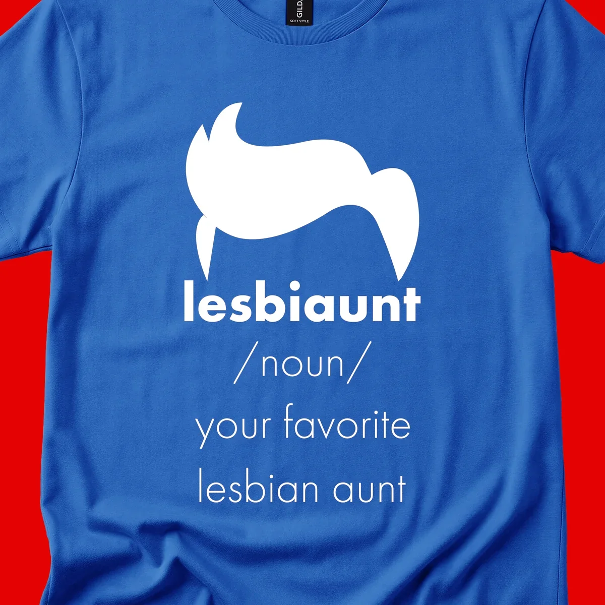 Lesbiaunt design featuring stylized hair silhouette with definition text celebrating lesbian aunts