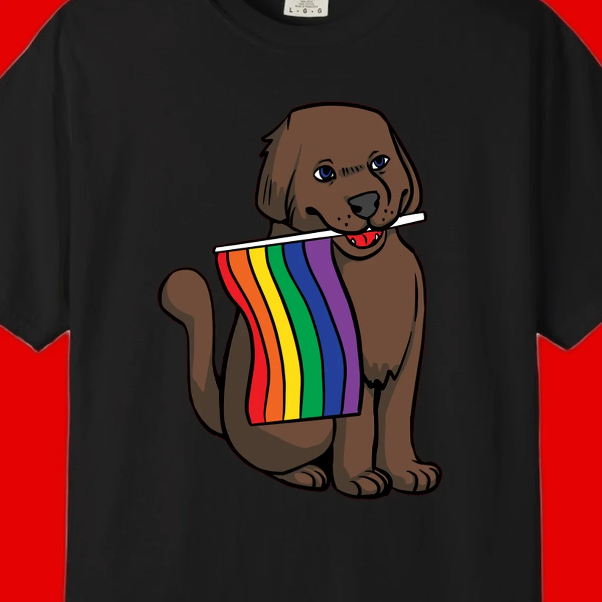 Brown dog holding rainbow pride flag with happy expression and blue eyes