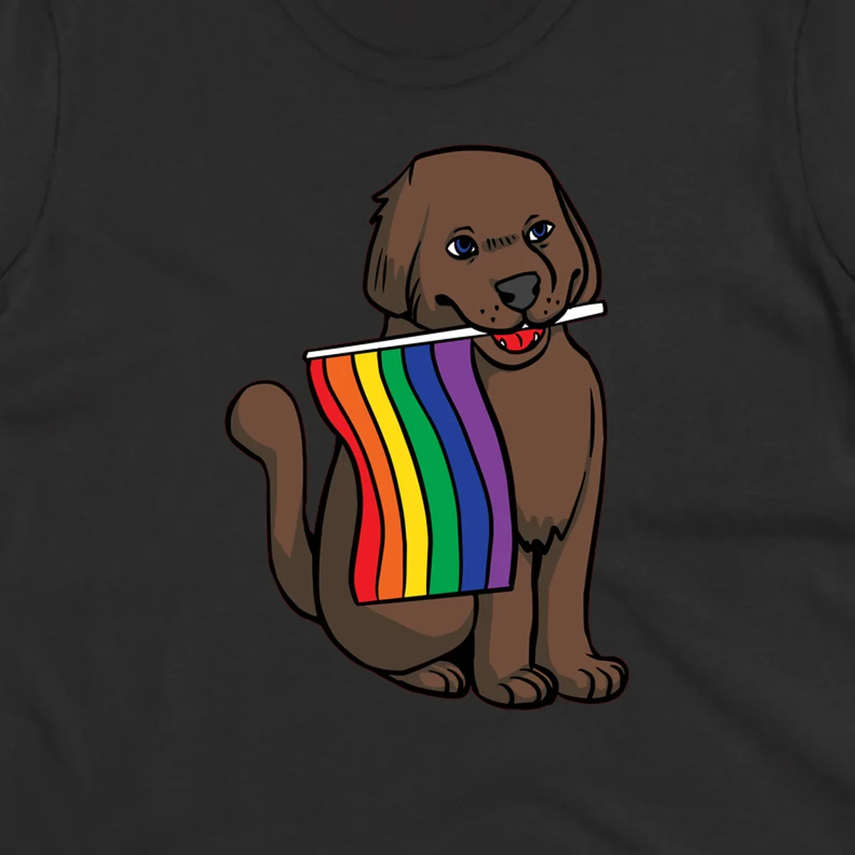 Brown dog holding rainbow pride flag with happy expression and blue eyes