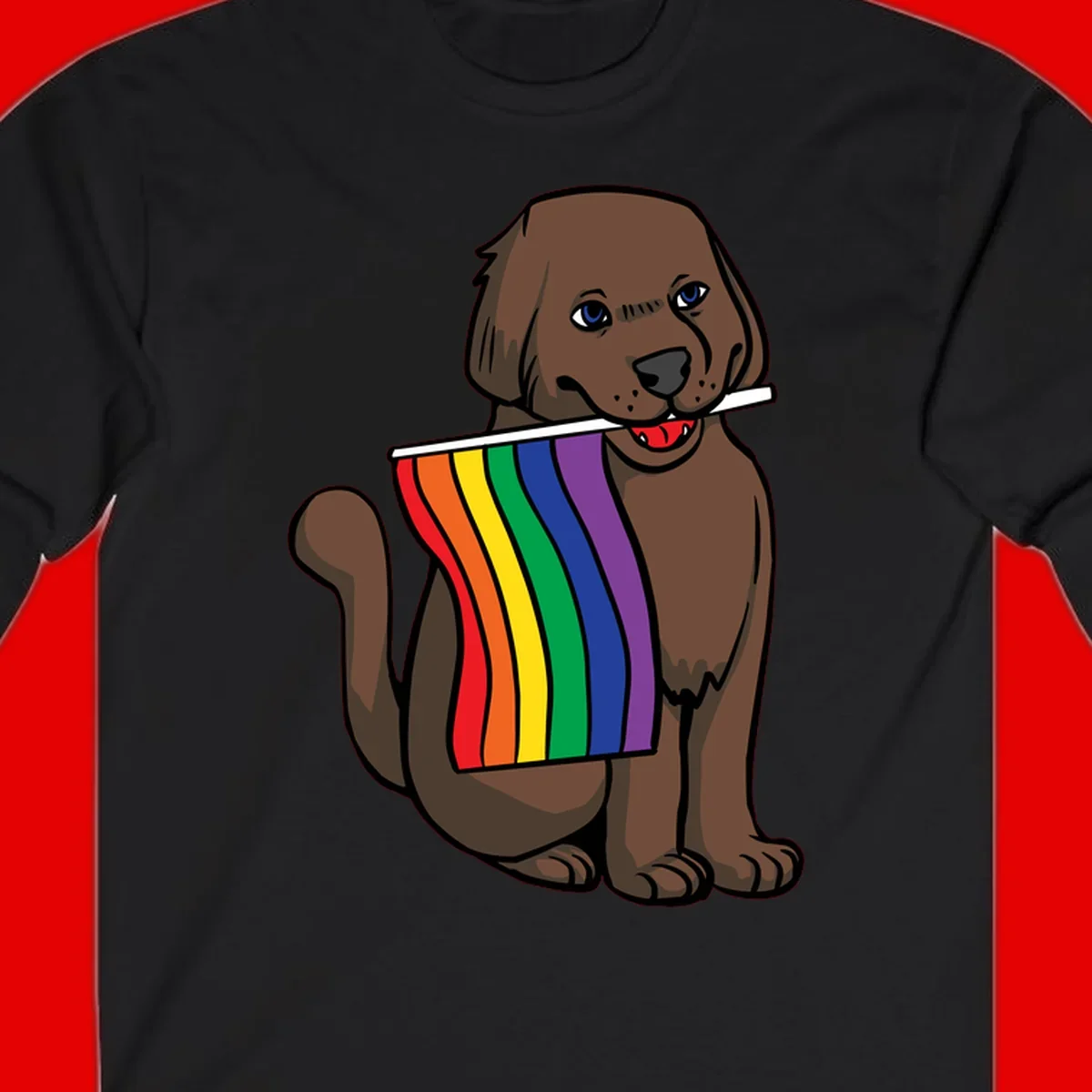 Brown dog holding rainbow pride flag with happy expression and blue eyes