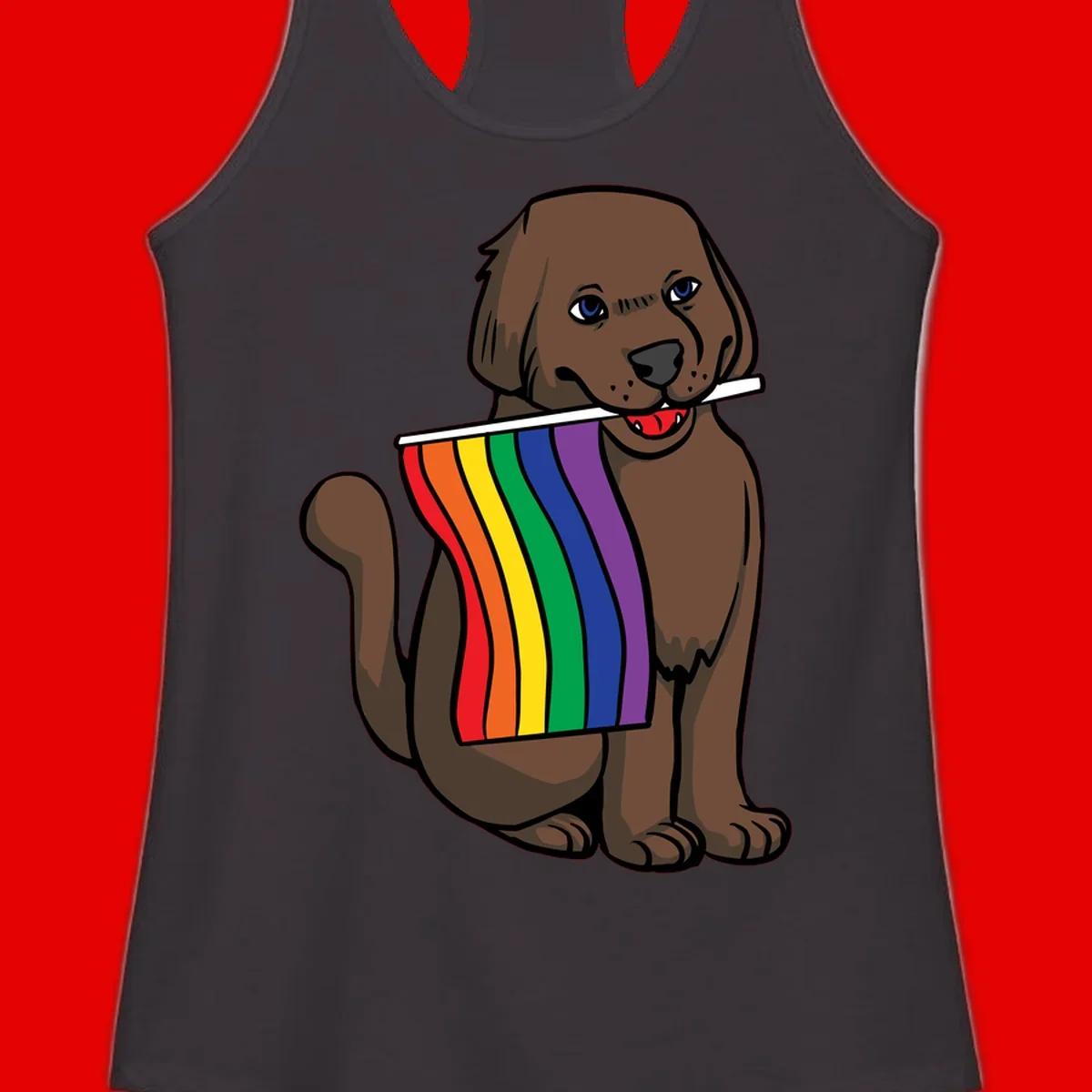 Brown dog holding rainbow pride flag with happy expression and blue eyes