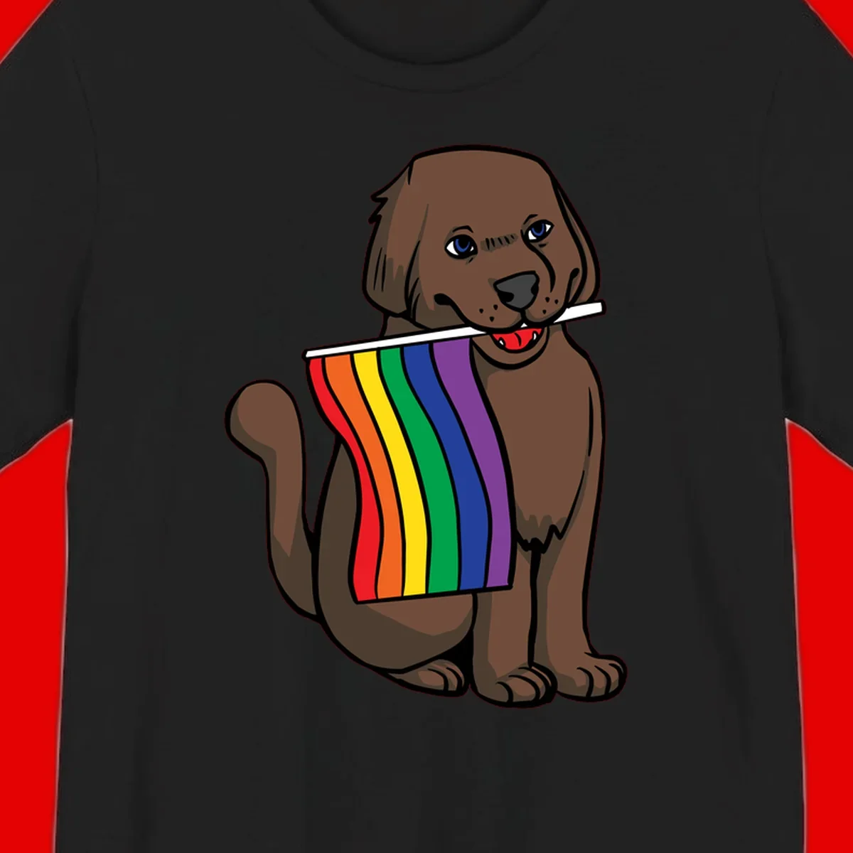 Brown dog holding rainbow pride flag with happy expression and blue eyes