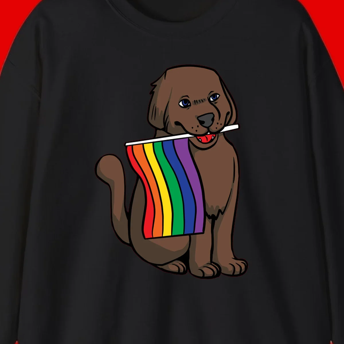 Brown dog holding rainbow pride flag with happy expression and blue eyes