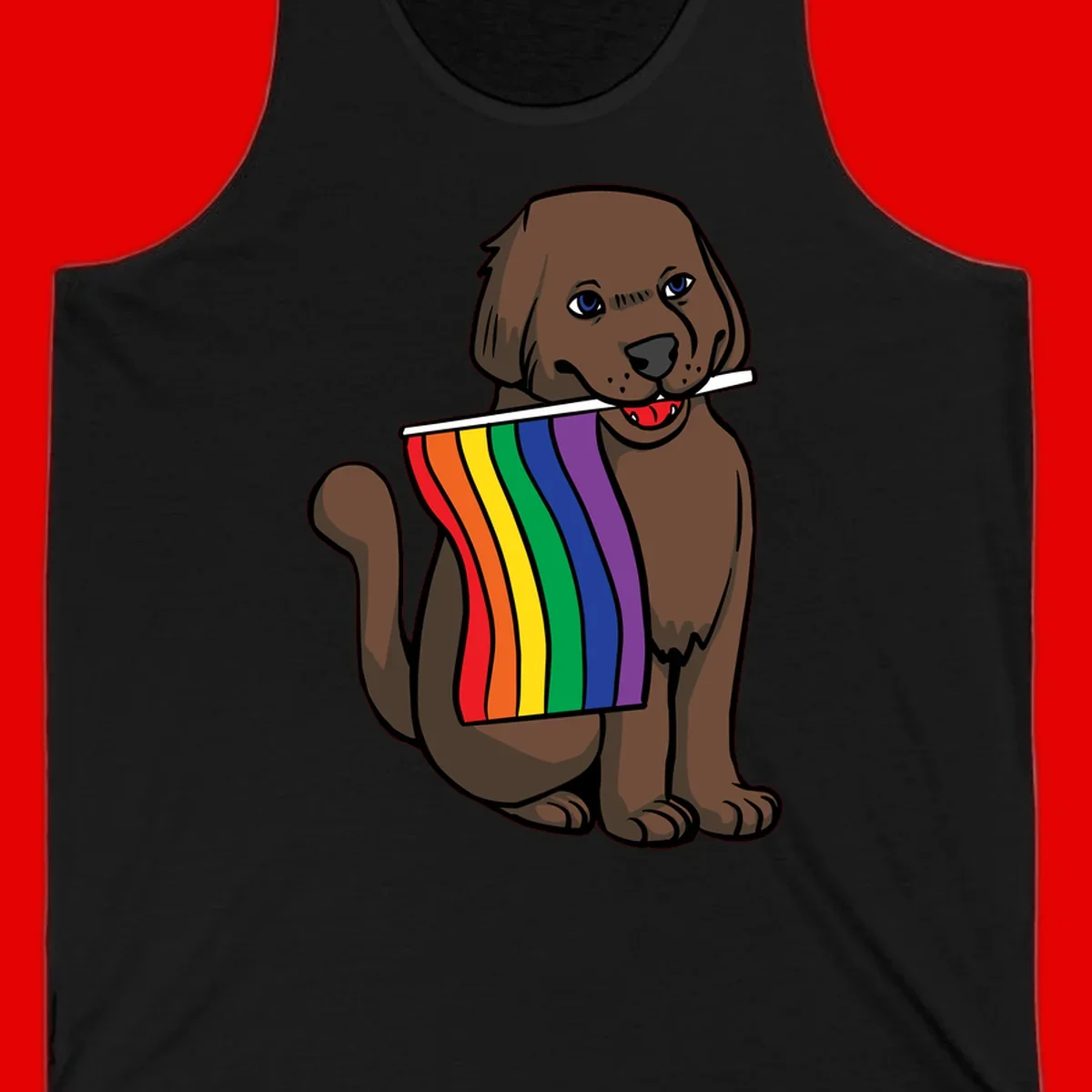 Brown dog holding rainbow pride flag with happy expression and blue eyes