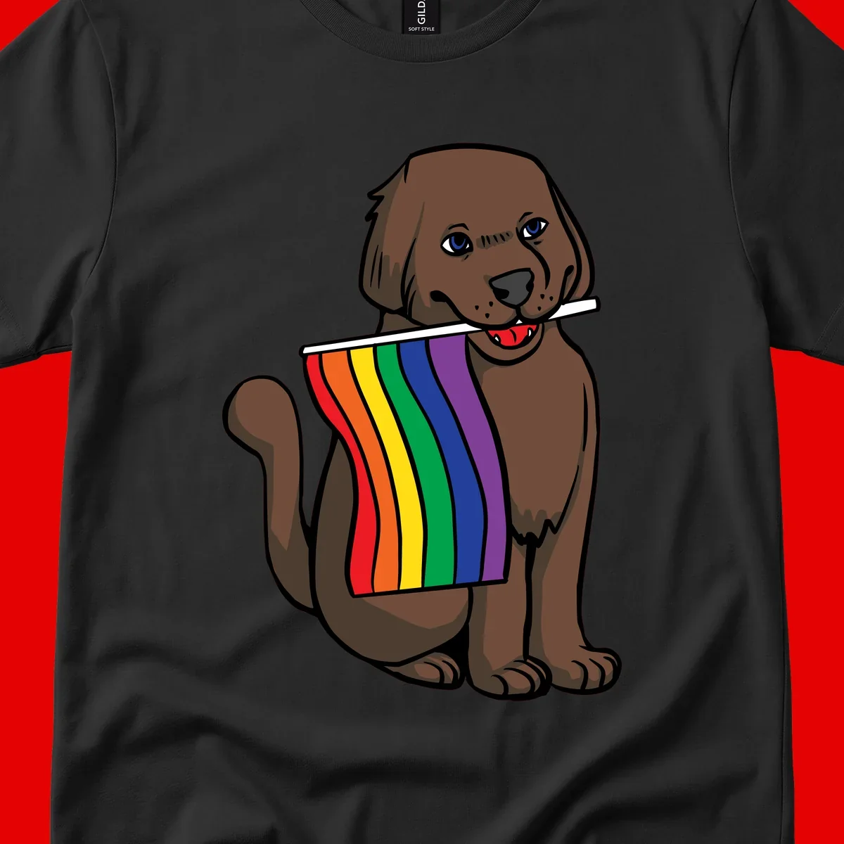 Brown dog holding rainbow pride flag with happy expression and blue eyes