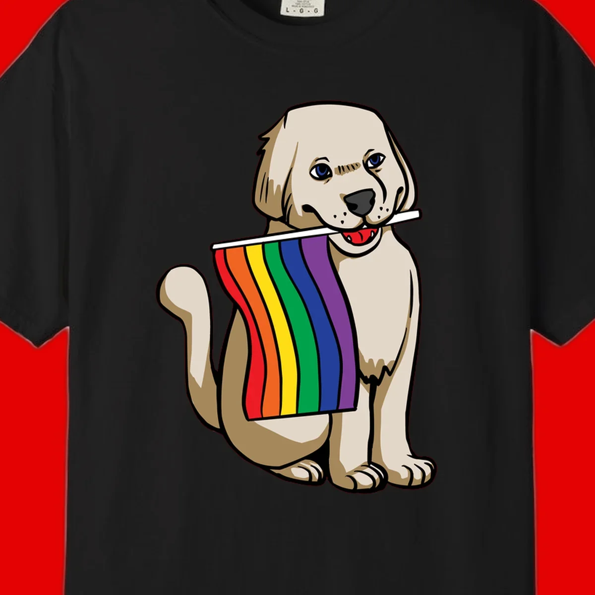 Illustration of a happy cream and tan dog holding a colorful rainbow pride flag in its mouth against a gray background