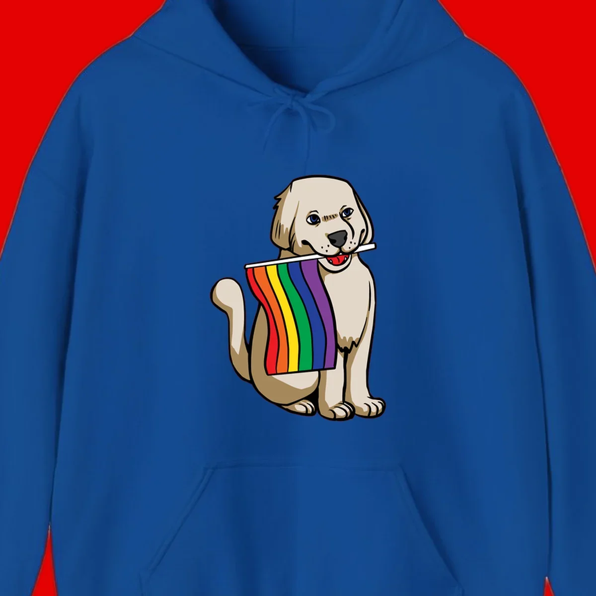 Illustration of a happy cream and tan dog holding a colorful rainbow pride flag in its mouth against a gray background