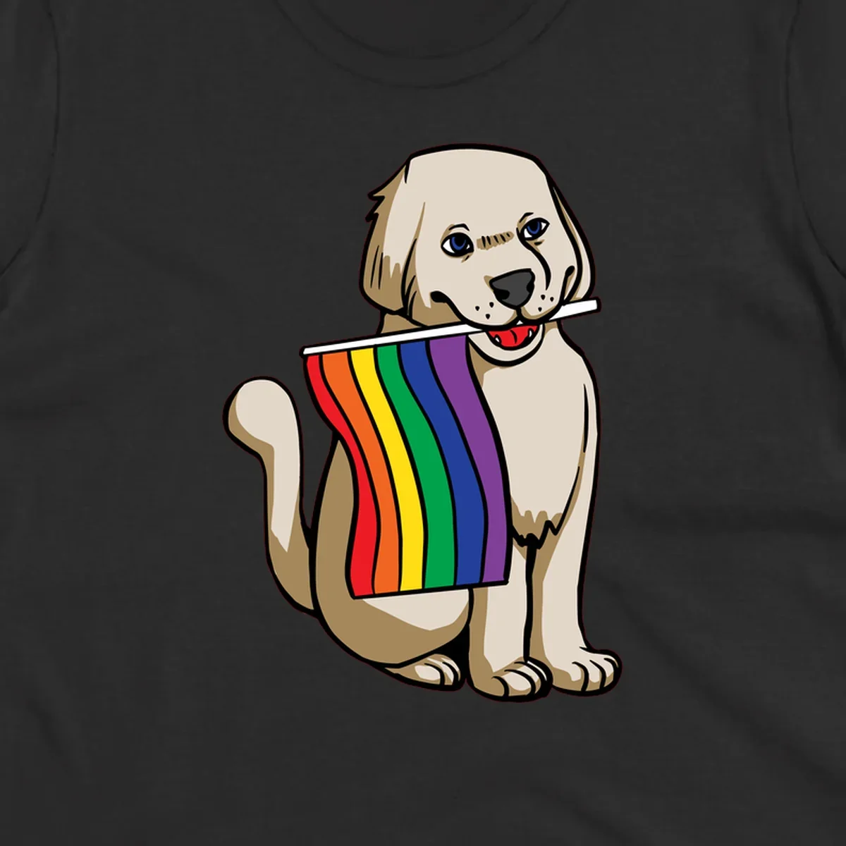 Illustration of a happy cream and tan dog holding a colorful rainbow pride flag in its mouth against a gray background