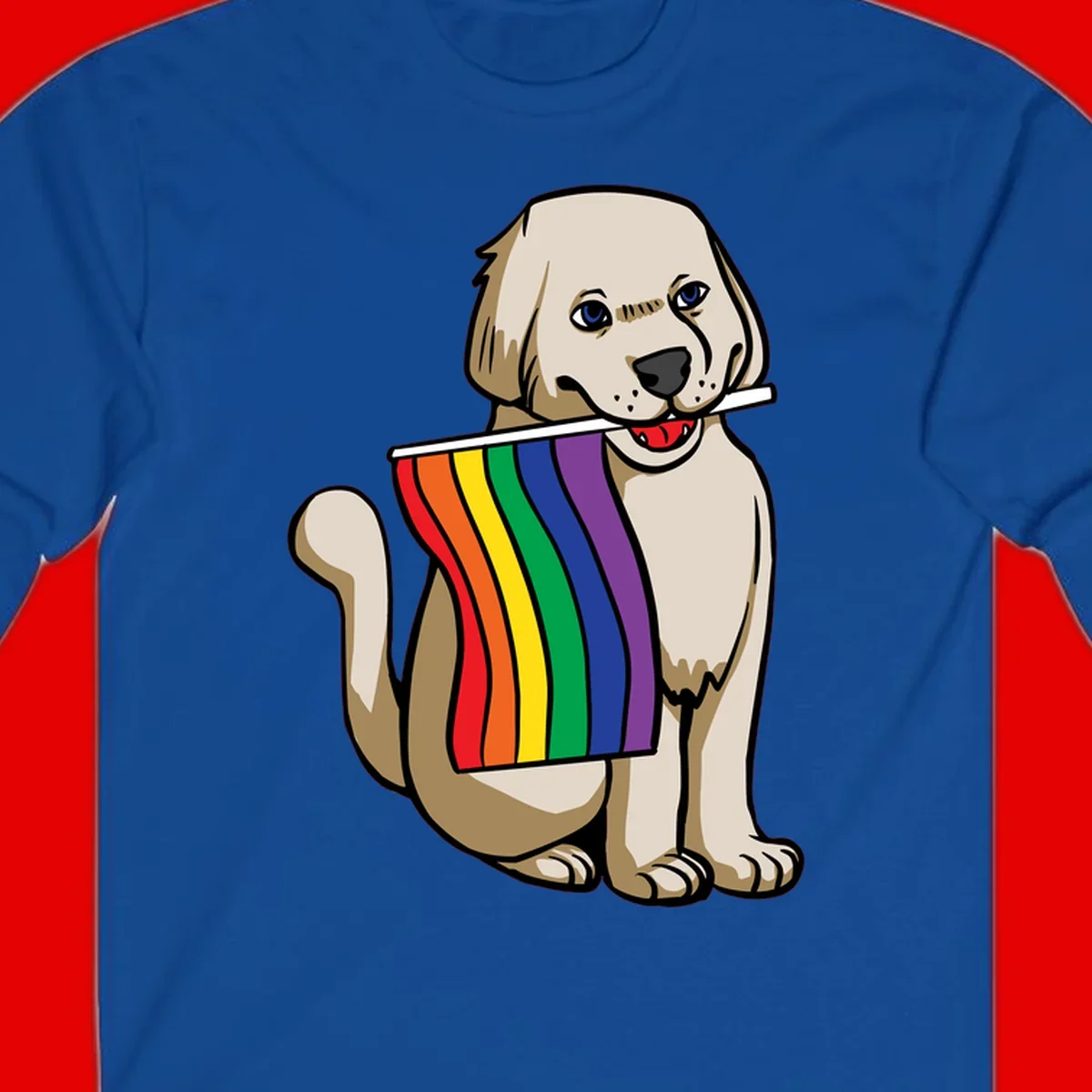 Illustration of a happy cream and tan dog holding a colorful rainbow pride flag in its mouth against a gray background