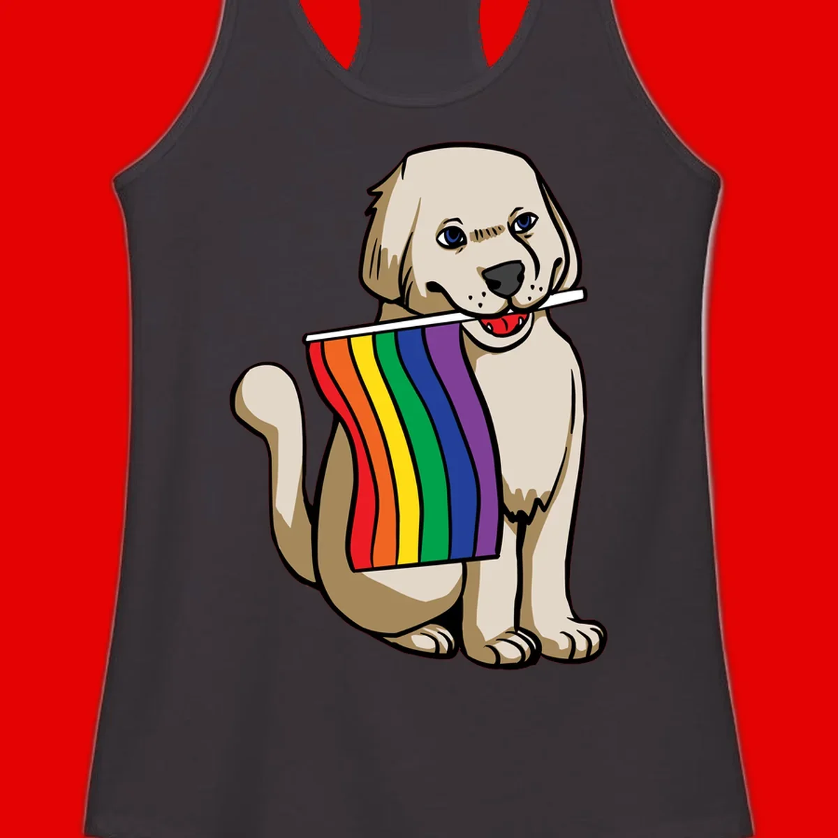 Illustration of a happy cream and tan dog holding a colorful rainbow pride flag in its mouth against a gray background
