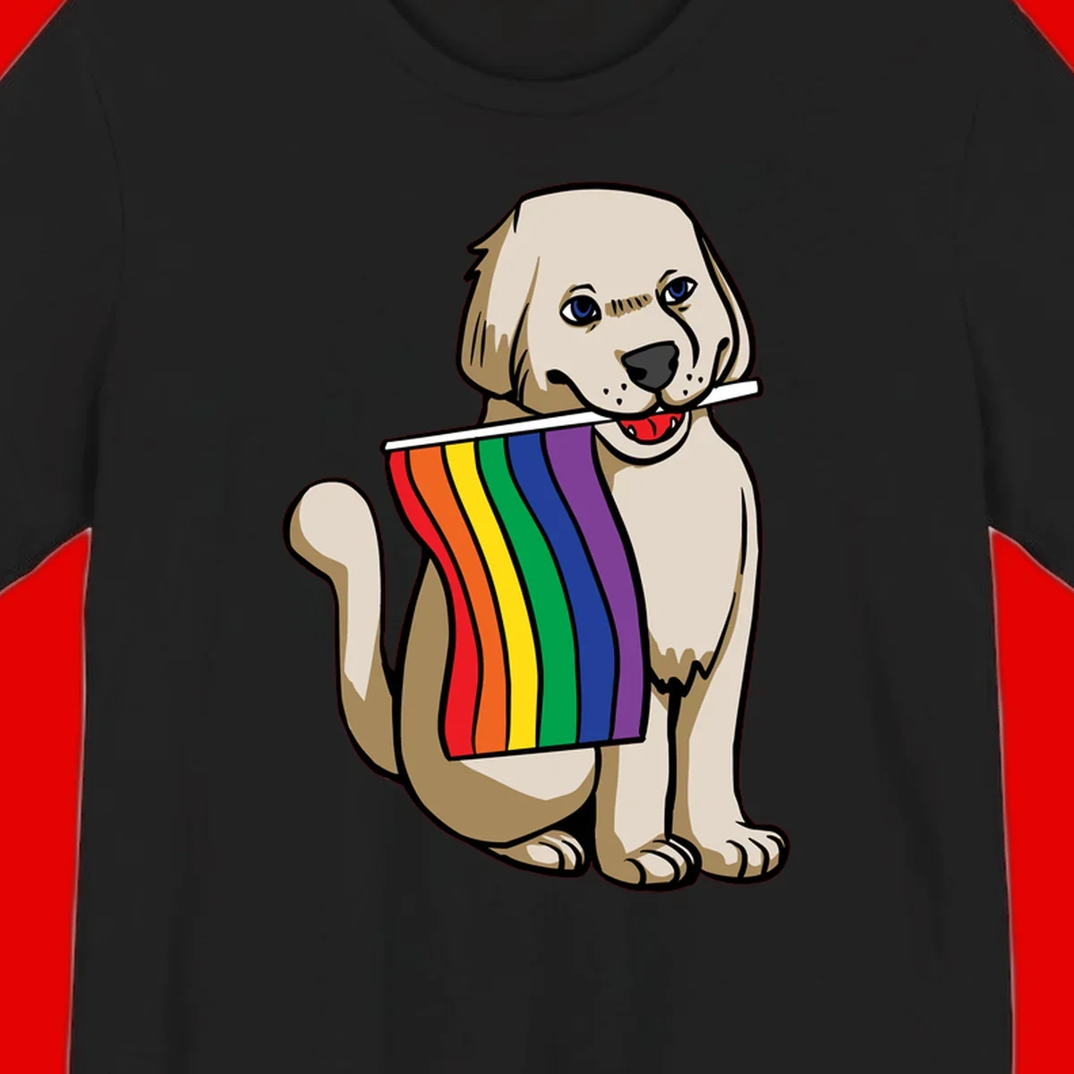 Illustration of a happy cream and tan dog holding a colorful rainbow pride flag in its mouth against a gray background