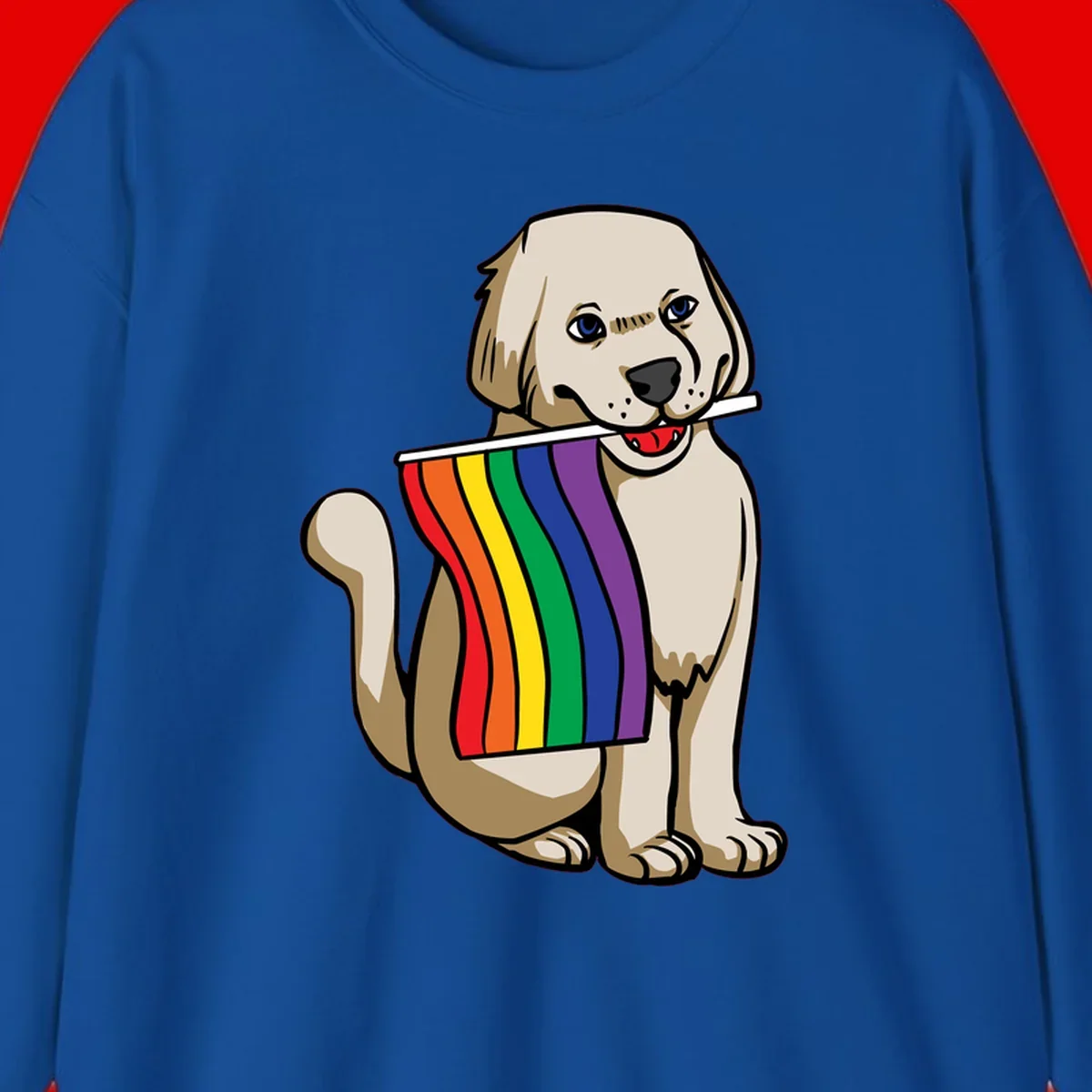 Illustration of a happy cream and tan dog holding a colorful rainbow pride flag in its mouth against a gray background