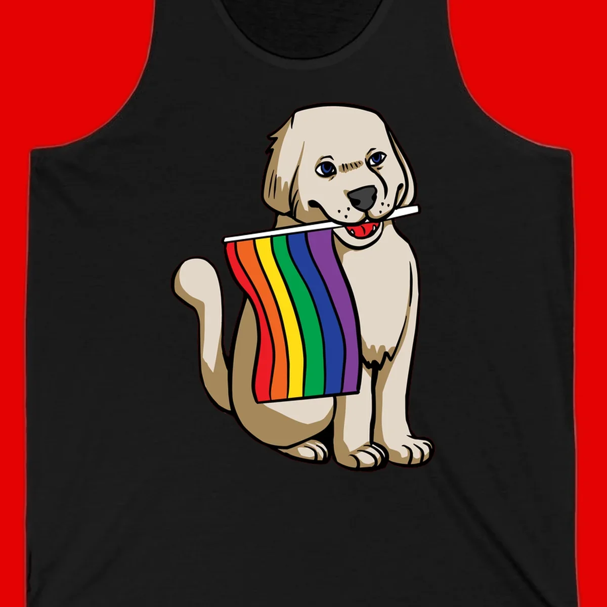 Illustration of a happy cream and tan dog holding a colorful rainbow pride flag in its mouth against a gray background